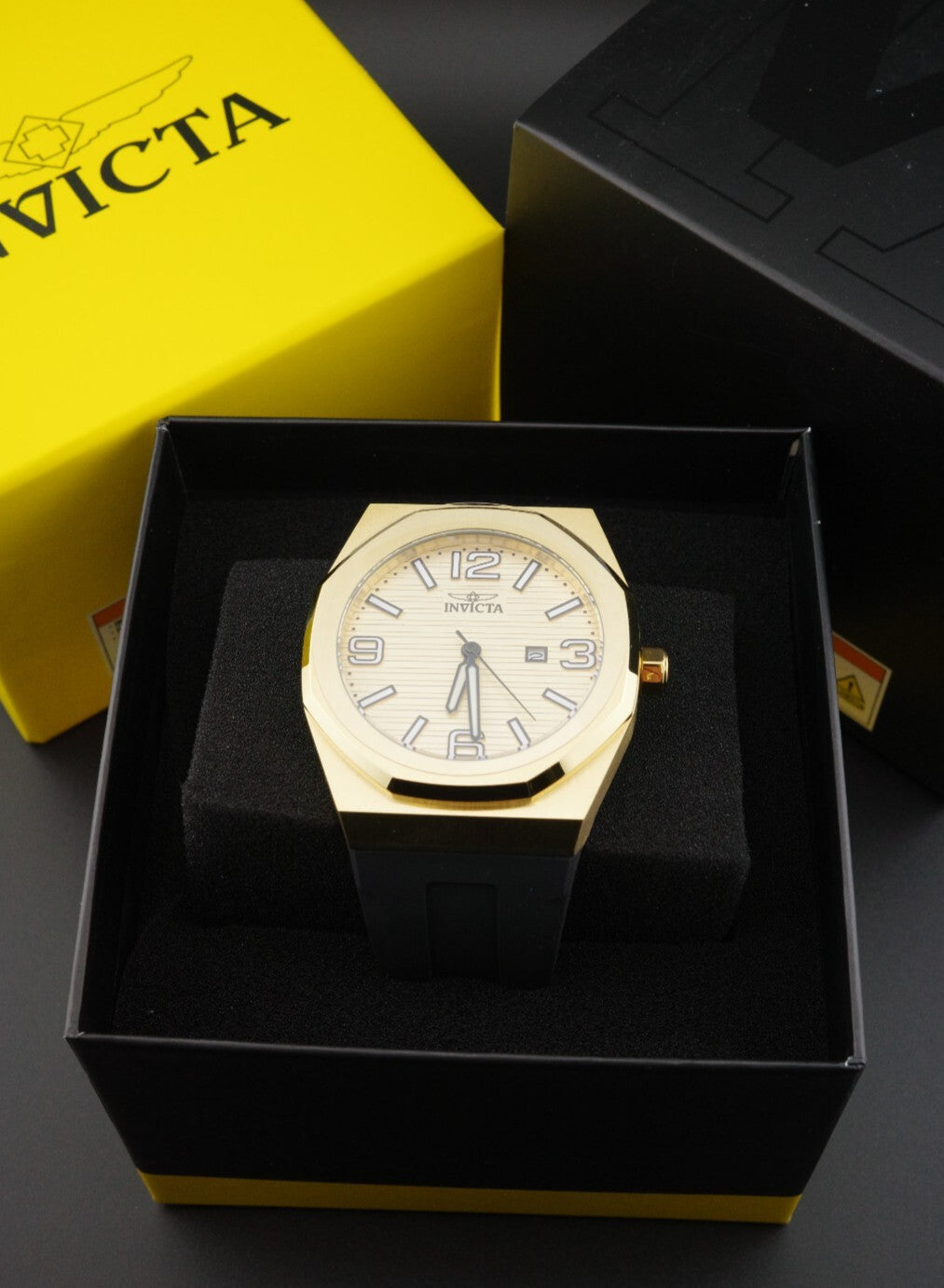 Brand New & Boxed Invicta Huracan 45775 Men’s Watch 48mm Black Gold Dial