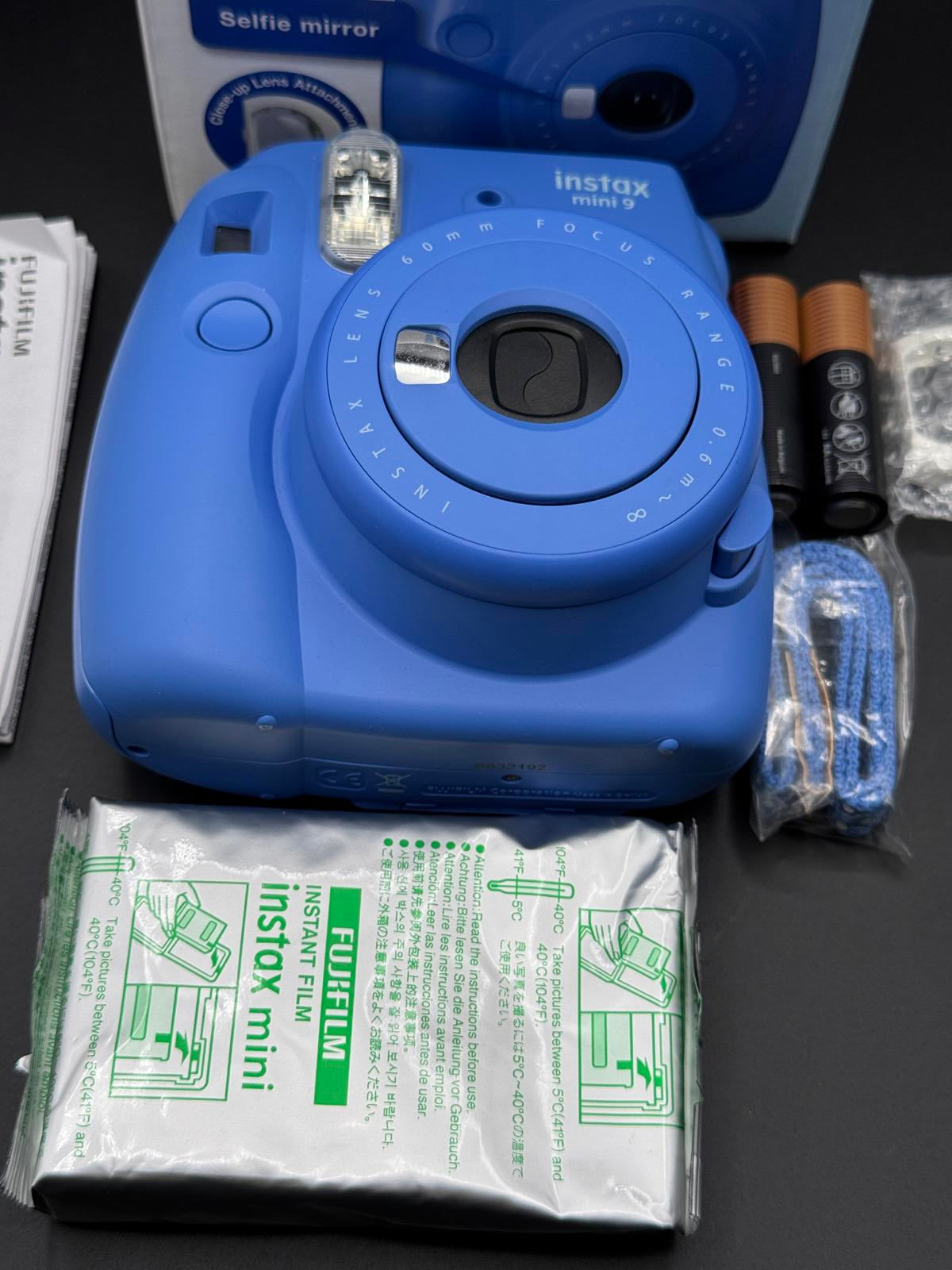 Boxed Fujifilm Instax Mini 9 Instant Camera Cobalt Blue + Film & Batteries