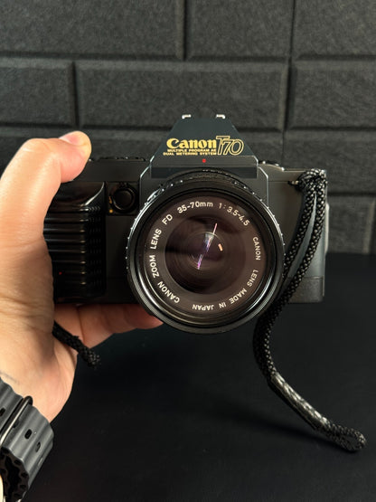 Canon T70 1980's 35mm SLR Film Camera + FD 35-70mm Zoom Lens - Tested & Working
