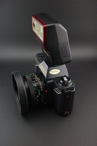 Canon T70 35mm SLR + FD 50mm f1.8 Lens + Speedlite 244T - Tested & Working