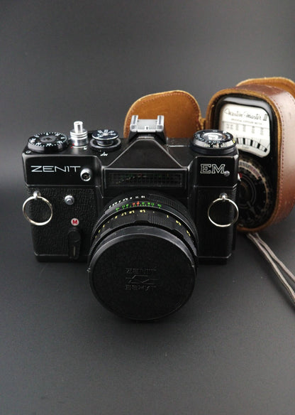 Zenit EM 35mm Film Camera + Helios 44M 2/58 + External LightMeter - Read Details