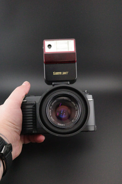 Canon T70 35mm SLR + FD 50mm f1.8 Lens + Speedlite 244T - Tested & Working