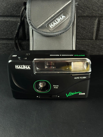 Halina Vision XMS 35mm Film Camera Motor Drive Auto Flash + Case - Working